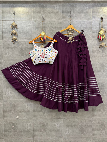 Purple Roman Skirt with White Jam Satin Mirror Handwork Blouse