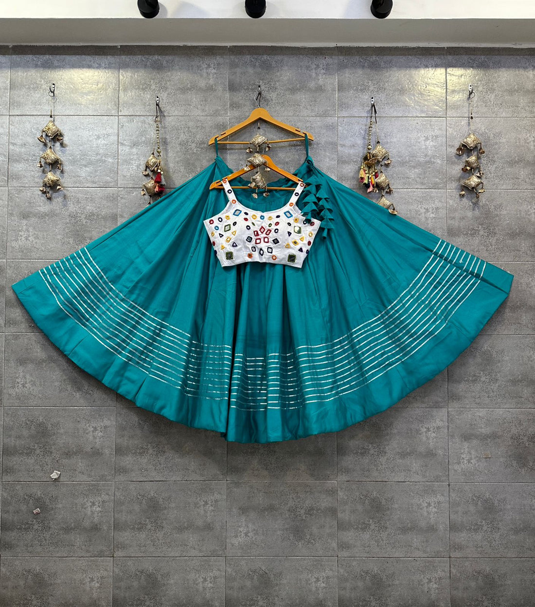 Sky Blue Roman Skirt with White Jam Satin Mirror Handwork Blouse