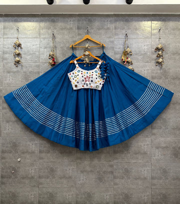 Blue Roman Skirt with White Jam Satin Mirror Handwork Blouse