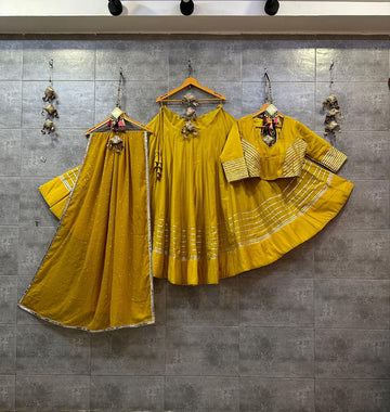 Yellow Roman Silk Chaniya Choli with Heavy Gotta and Sequence Laces Dupatta