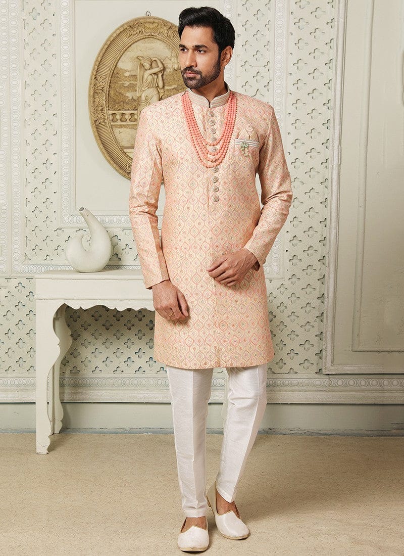 Beige Colour Party Wear Nawabi Indo Western Sherwani Suit