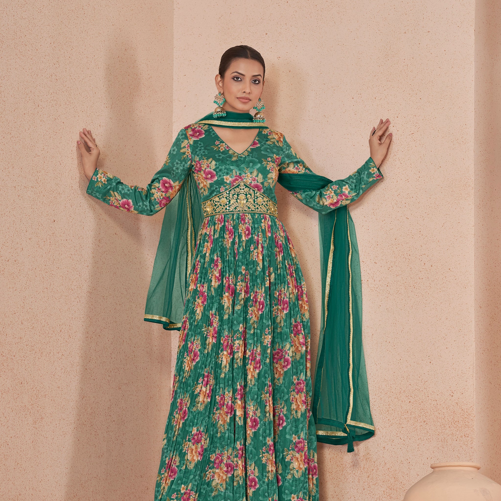 Green Floral Handwork Anarkali Suit with Net Dupatta