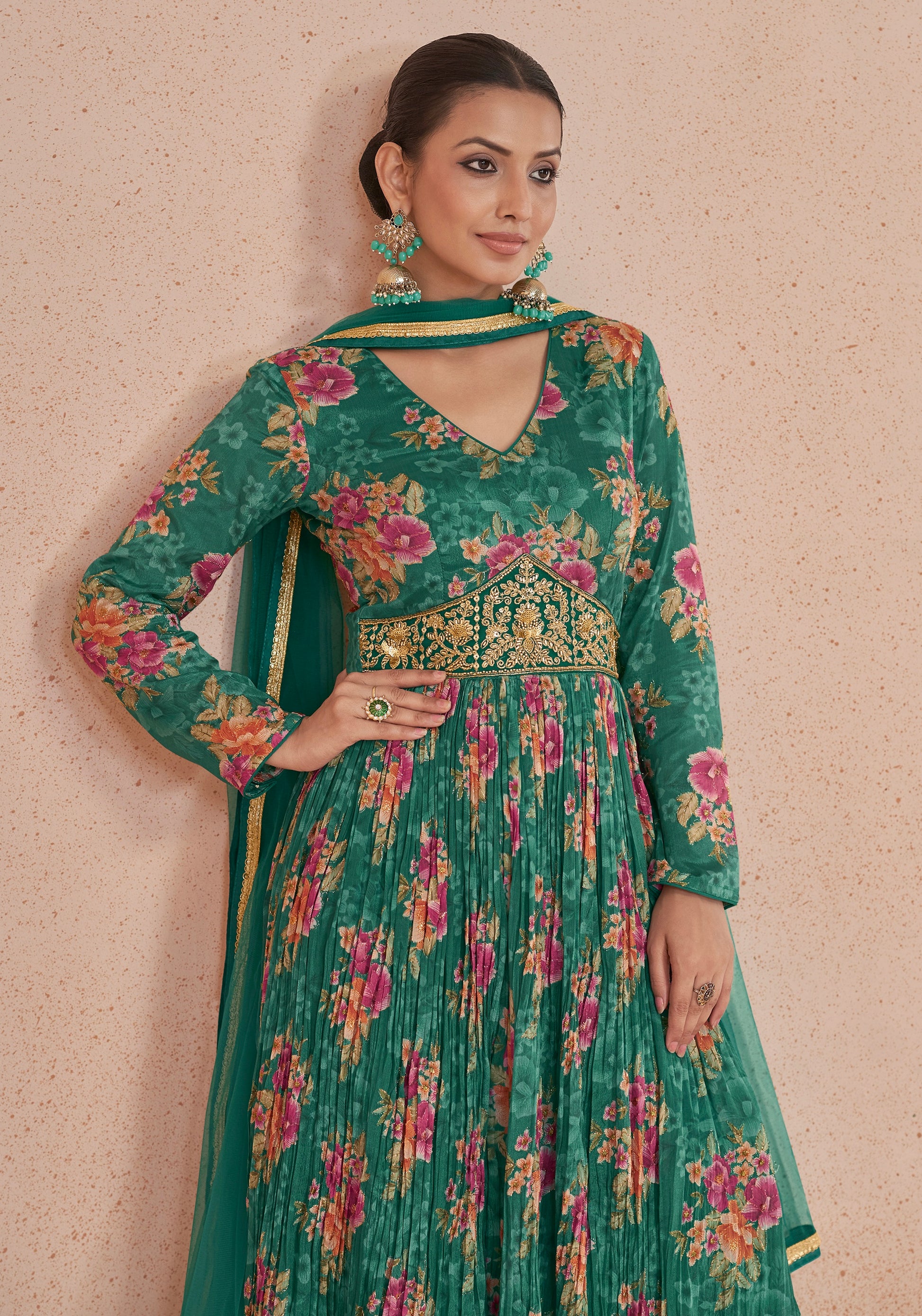 Green Floral Handwork Anarkali Suit with Net Dupatta