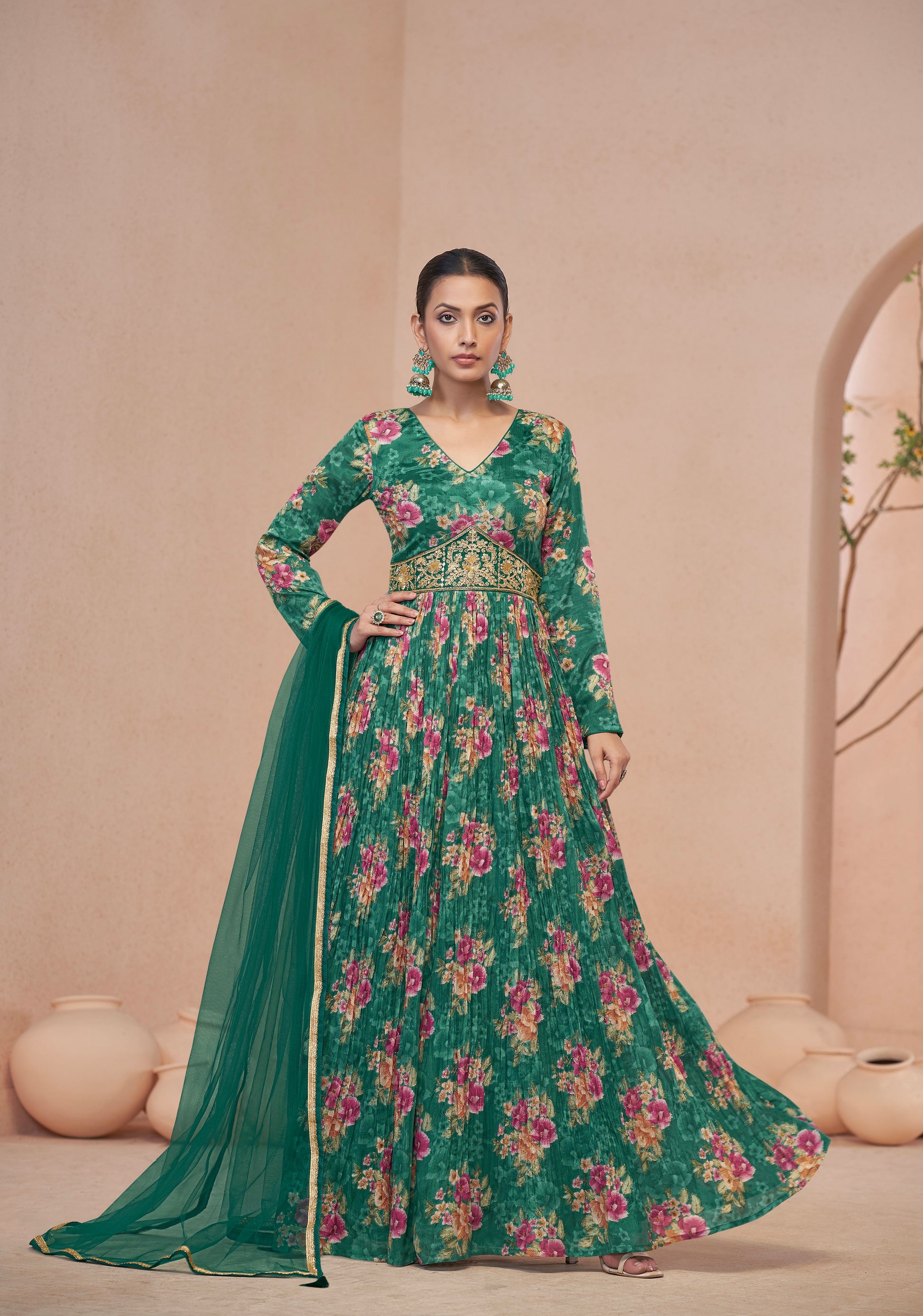 Green Floral Handwork Anarkali Suit with Net Dupatta