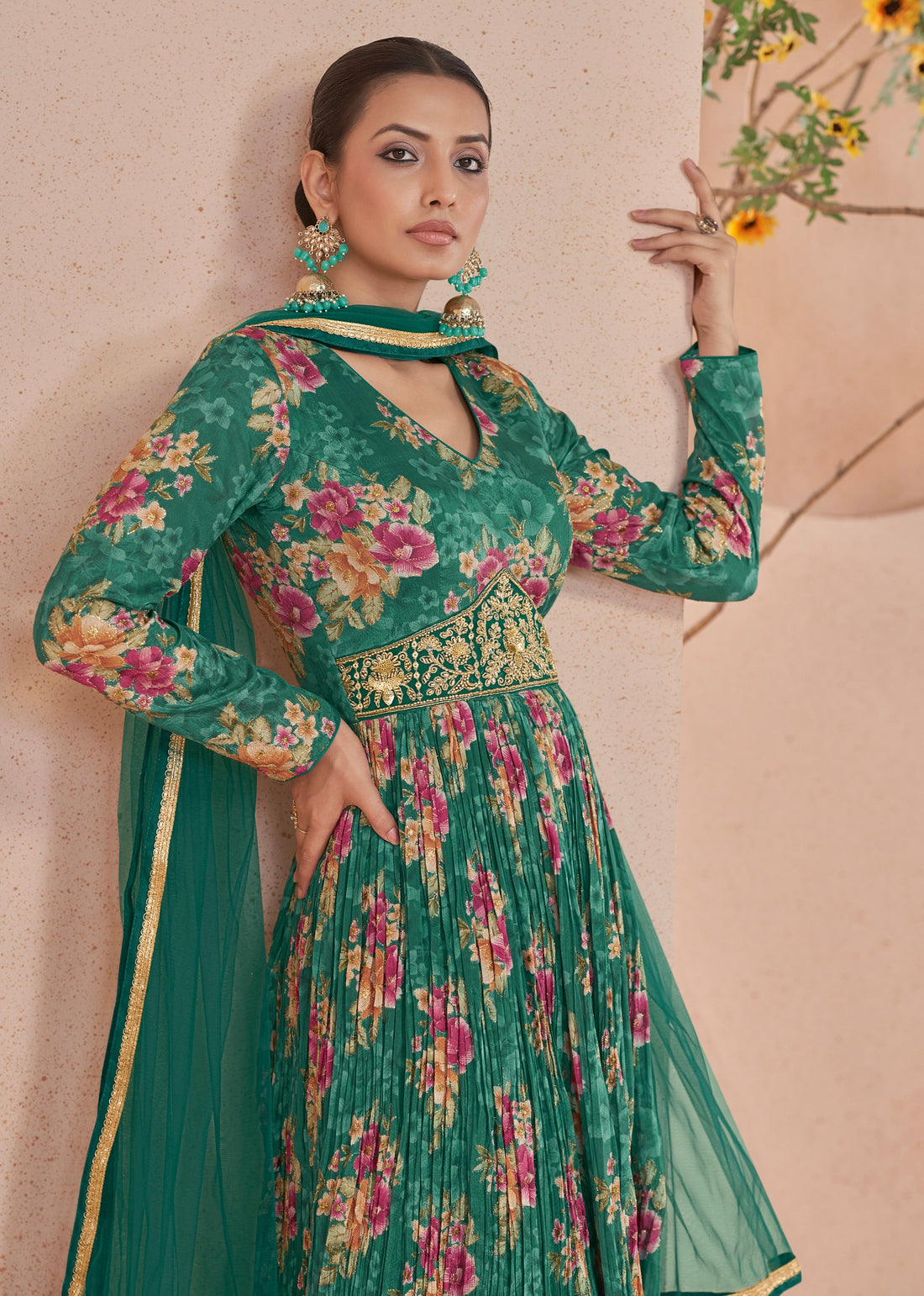 Green Floral Handwork Anarkali Suit with Net Dupatta