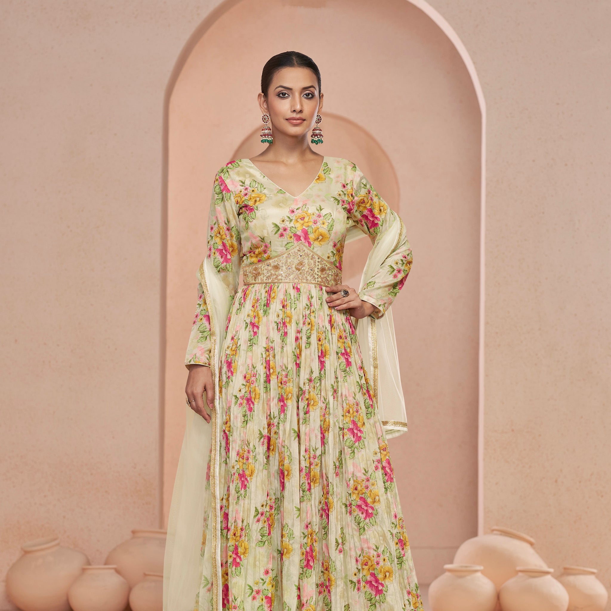 Cream Floral Handwork Anarkali Suit with Net Dupatta 