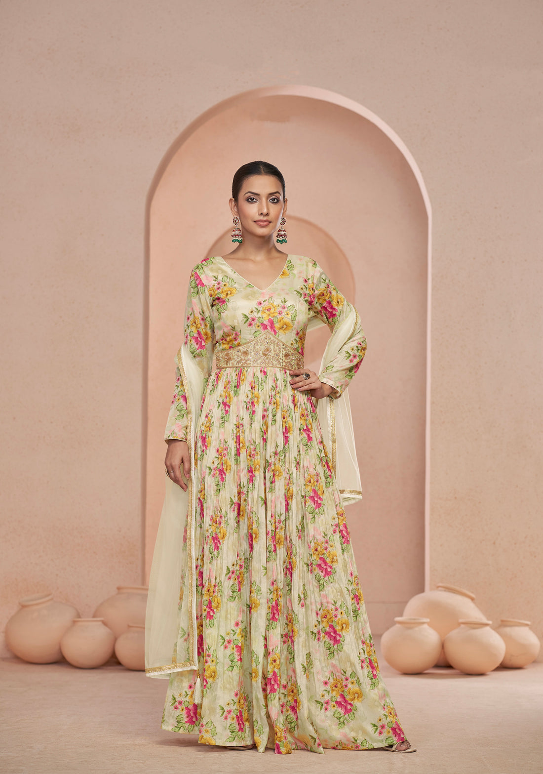 Cream Floral Handwork Anarkali Suit with Net Dupatta 