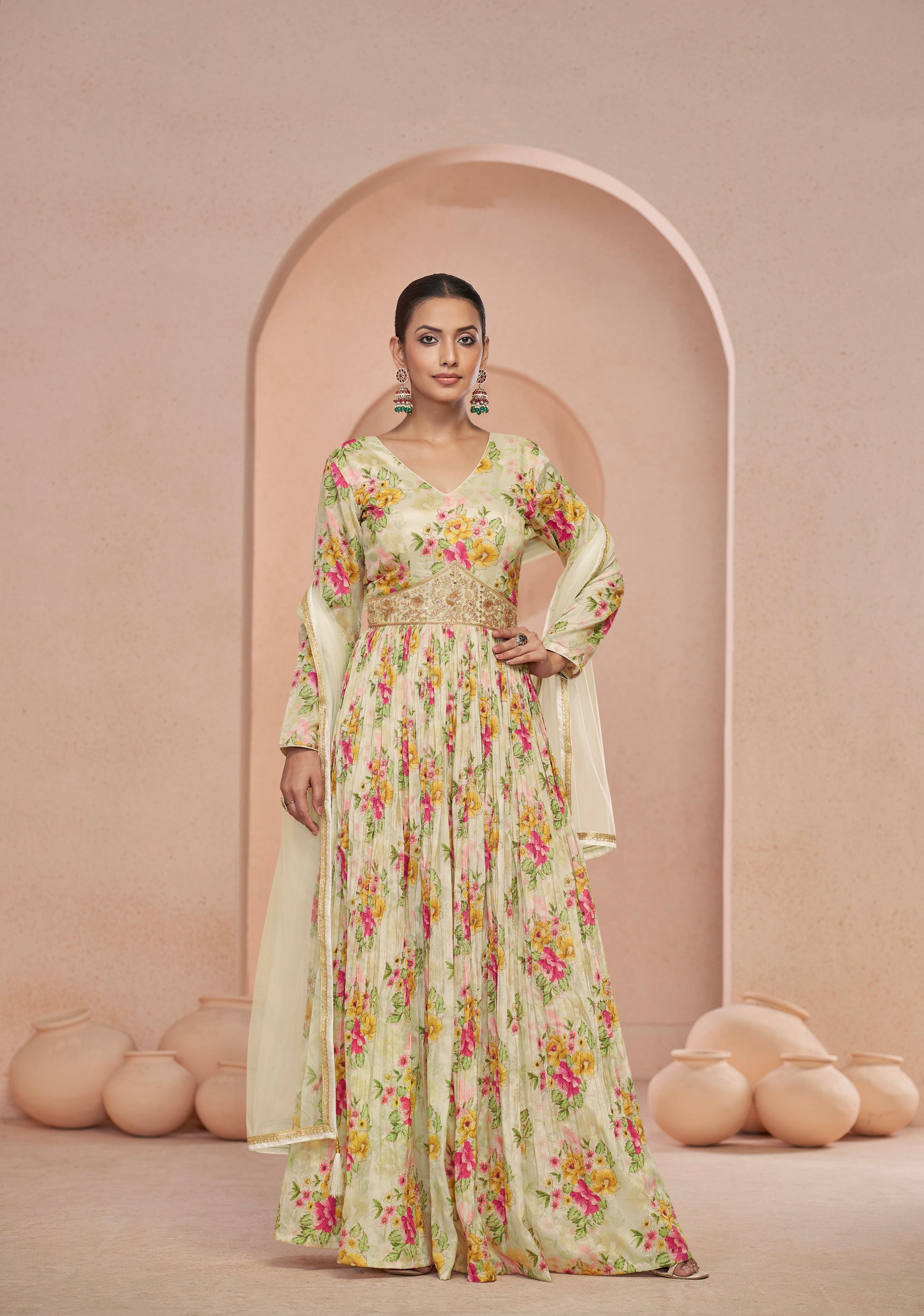 Cream Floral Handwork Anarkali Suit with Net Dupatta 