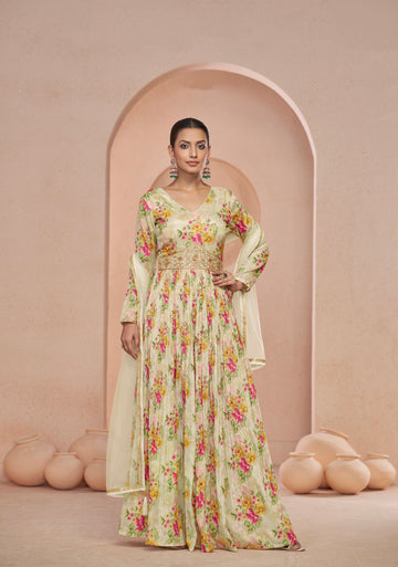 Cream Floral Handwork Anarkali Suit with Net Dupatta 