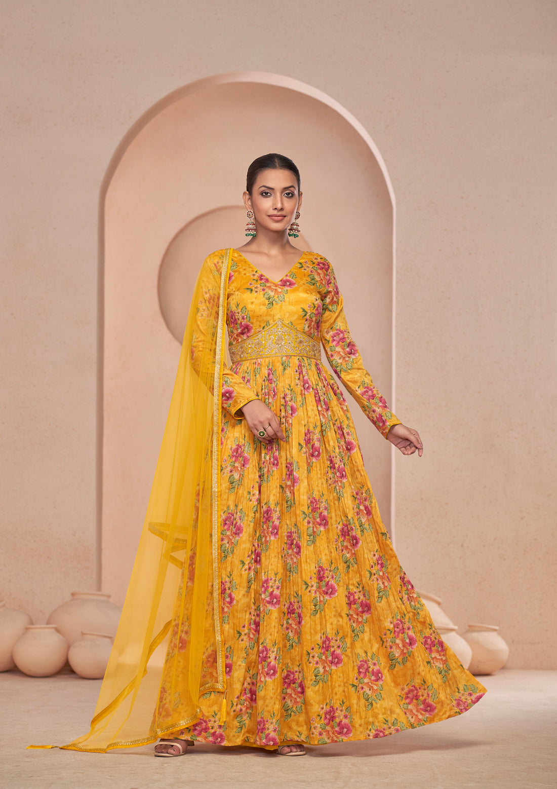 Yellow Floral Handwork Anarkali Suit with Net Dupatta