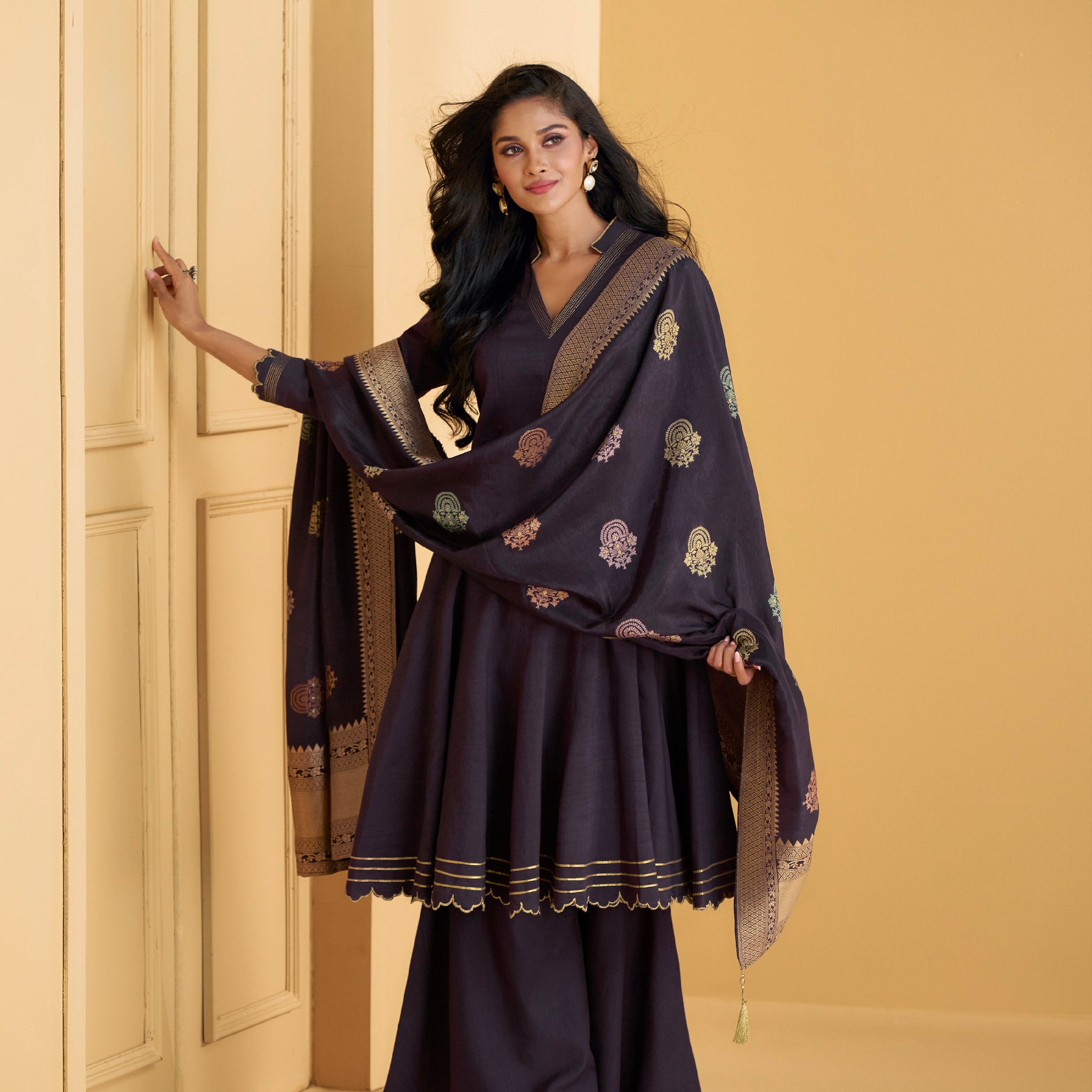 Dark Purple Pure Silk Anarkali Suit with Embellished Work & Dupatta