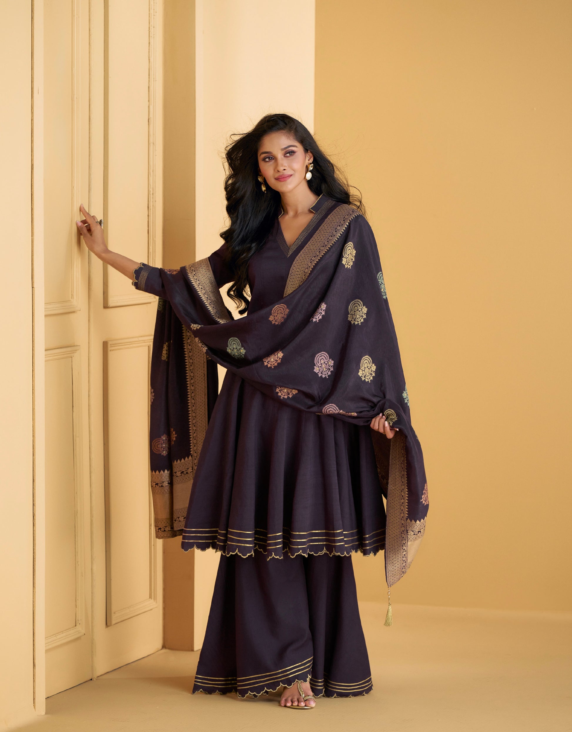 Dark Purple Pure Silk Anarkali Suit with Embellished Work & Dupatta