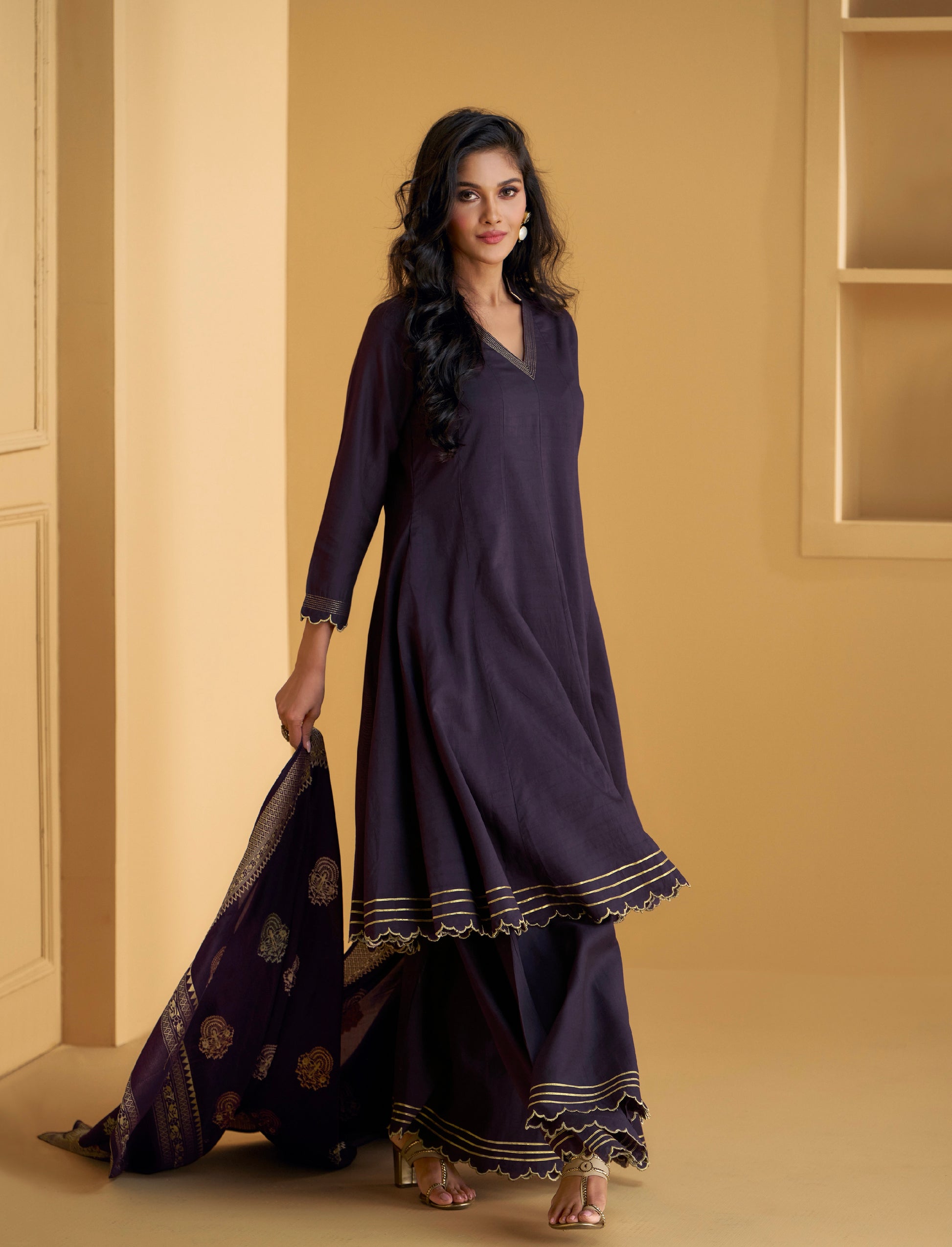 Dark Purple Pure Silk Anarkali Suit with Embellished Work & Dupatta