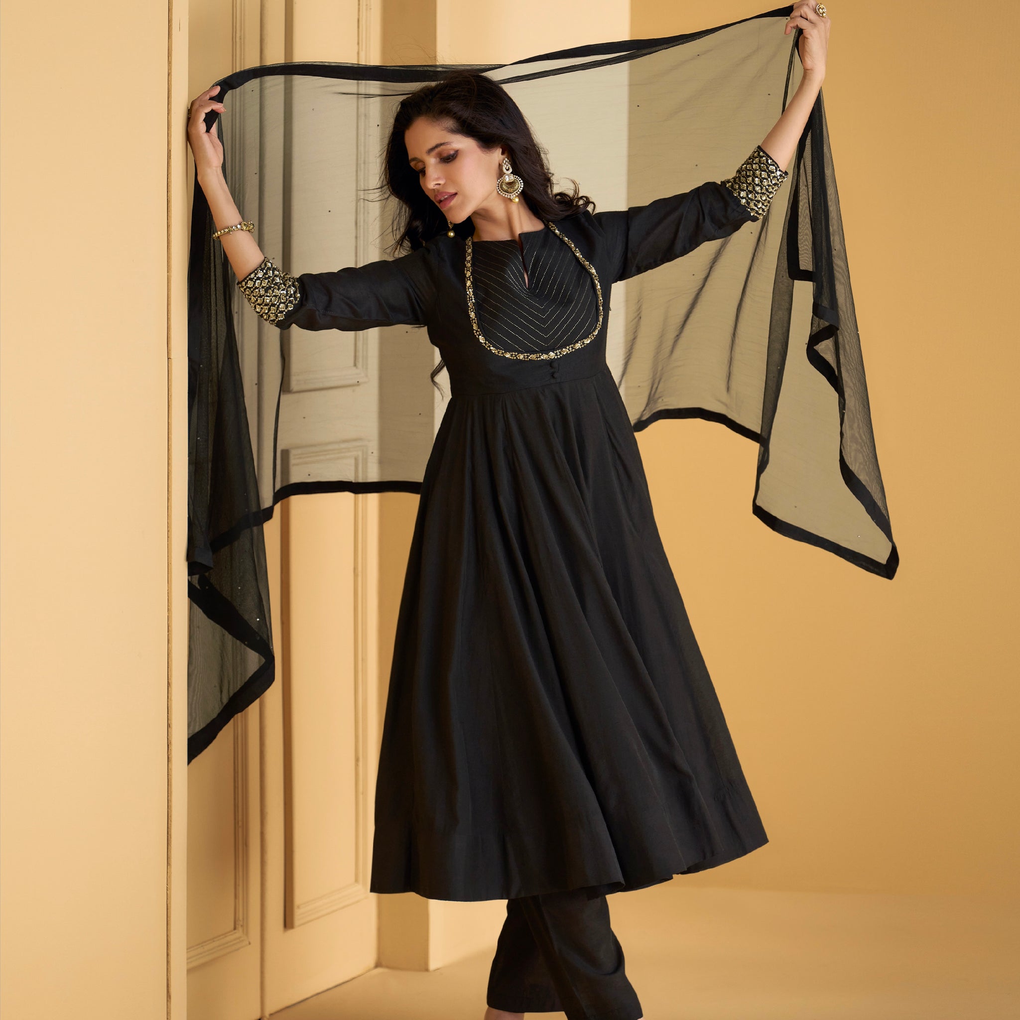 Black Pure Silk Anarkali Suit with Embellished Work & Dupatta