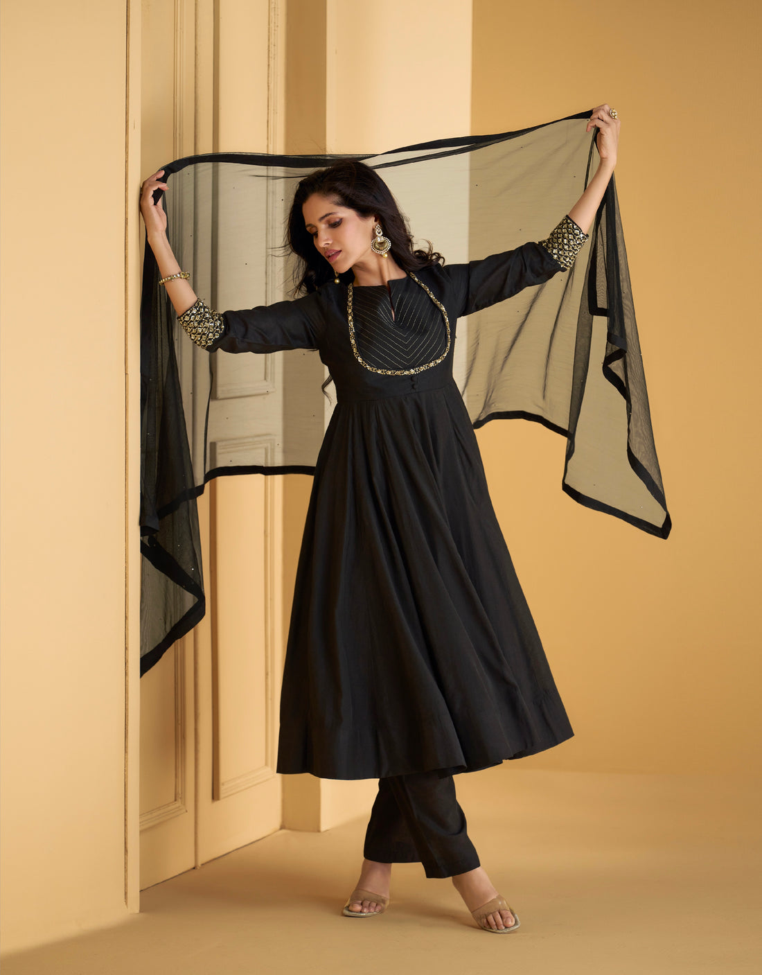 Black Pure Silk Anarkali Suit with Embellished Work & Dupatta