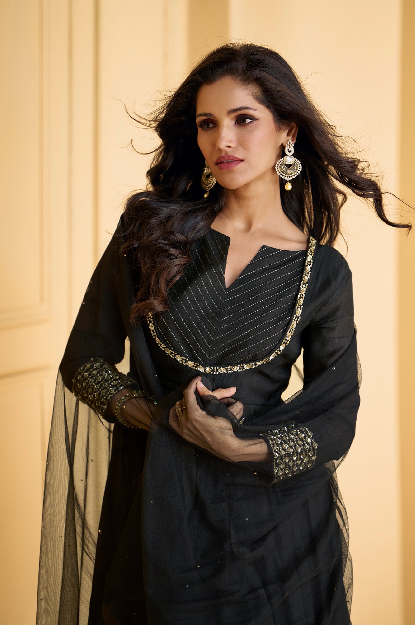 Black Pure Silk Anarkali Suit with Embellished Work & Dupatta