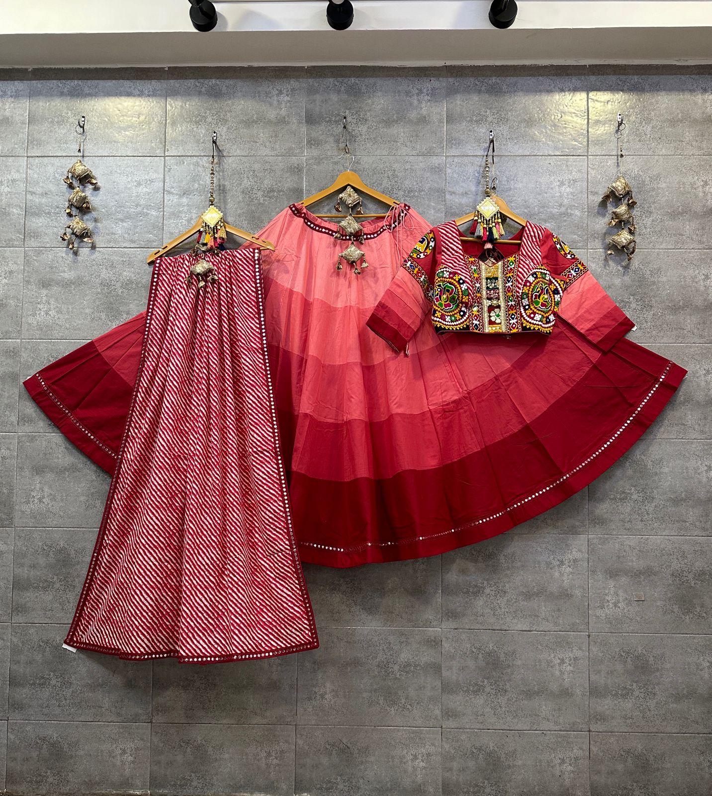 Red Shaded Camric Cotton Chaniya Choli with Gamthi Mirror Lace