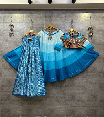 Blue Shaded Camric Cotton Chaniya Choli with Gamthi Mirror Lace