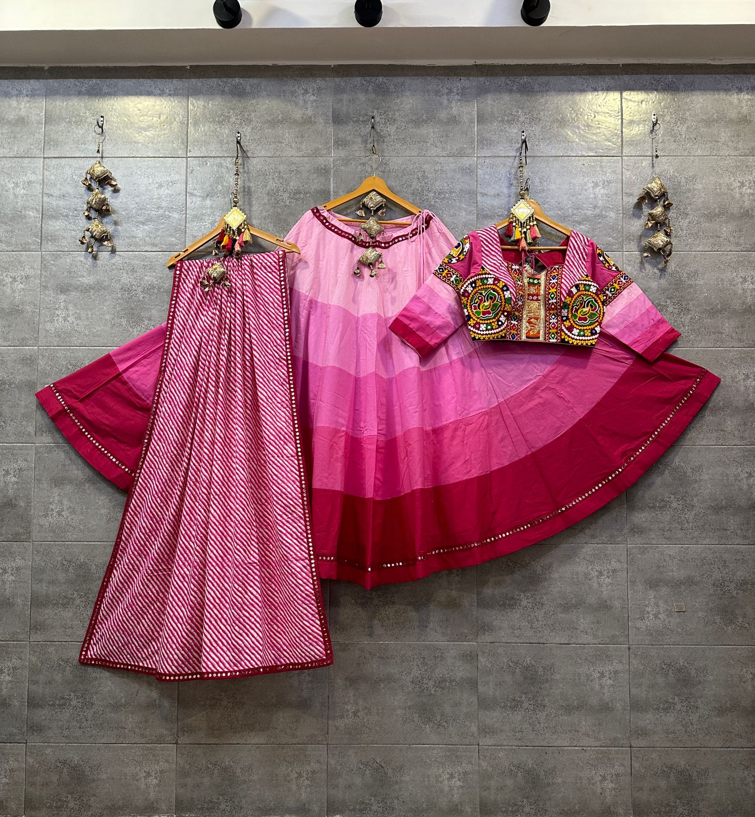 Pink Shaded Camric Cotton Chaniya Choli with Gamthi Mirror Lace


