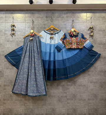 Blue Shaded Camric Cotton Chaniya Choli with Gamthi Mirror Lace