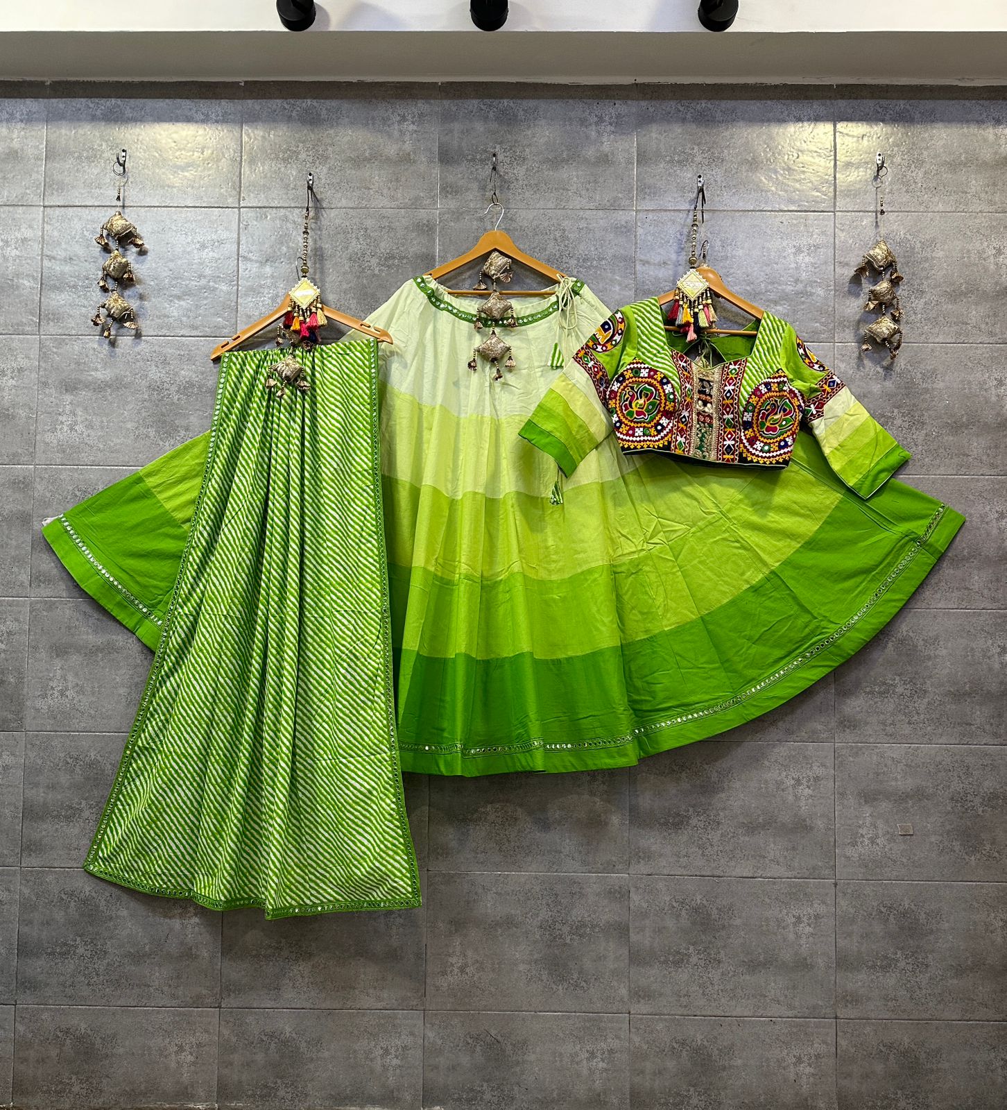 Green Shaded Camric Cotton Chaniya Choli with Gamthi Mirror Lace