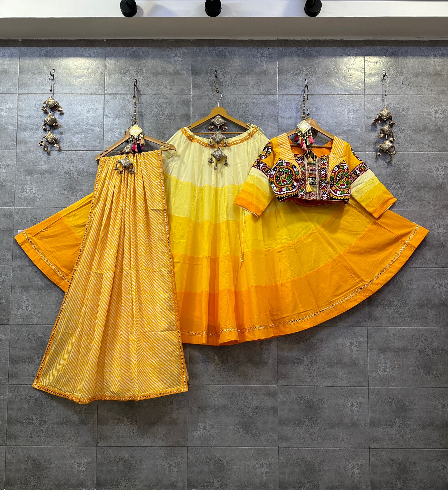 Yellow Shaded Camric Cotton Chaniya Choli with Gamthi Mirror Lace