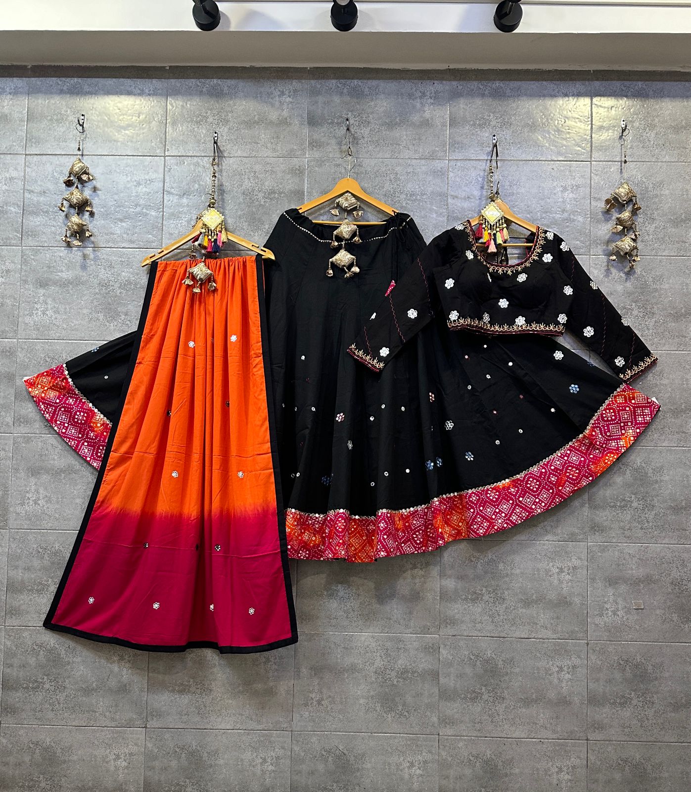 Black Cotton Chaniya Choli with Multicolor Dupatta