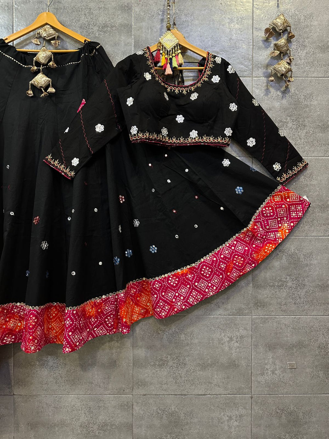 Black Cotton Chaniya Choli with Multicolor Dupatta