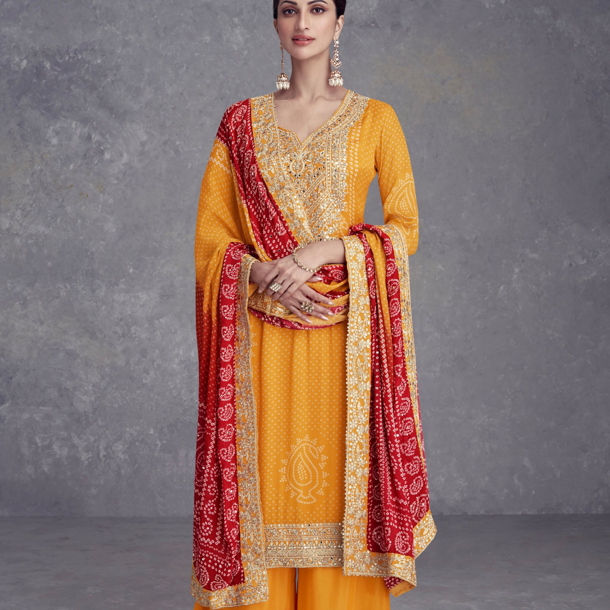 Yellow Chinon Palazzo Suit with Embroidery and Mirror Work