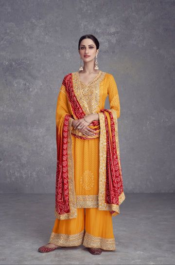 Yellow Chinon Palazzo Suit with Embroidery and Mirror Work