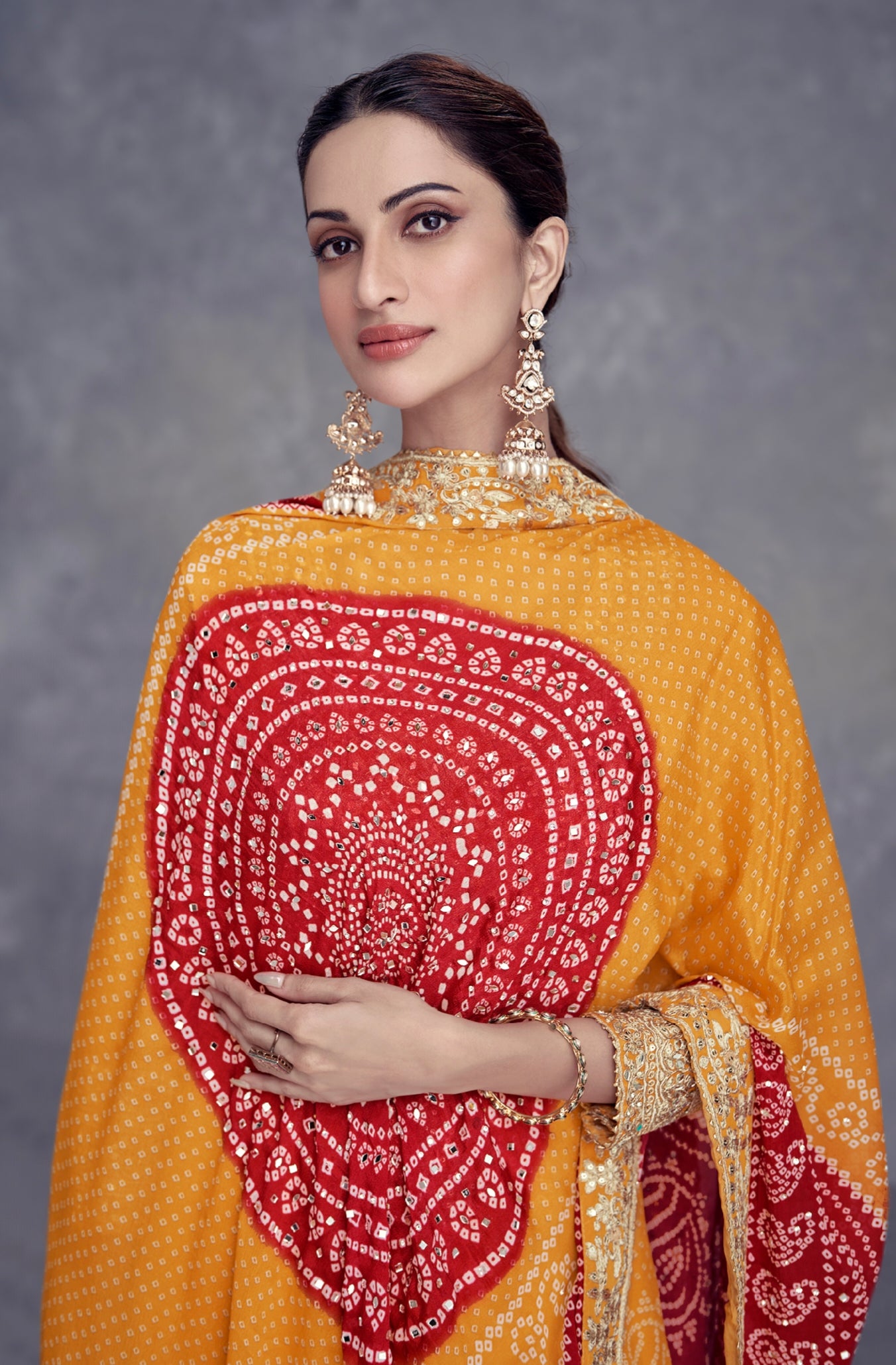 Yellow Chinon Palazzo Suit with Embroidery and Mirror Work