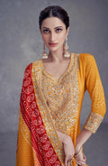 Yellow Chinon Palazzo Suit with Embroidery and Mirror Work