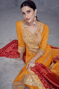 Yellow Chinon Palazzo Suit with Embroidery and Mirror Work