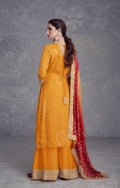 Yellow Chinon Palazzo Suit with Embroidery and Mirror Work