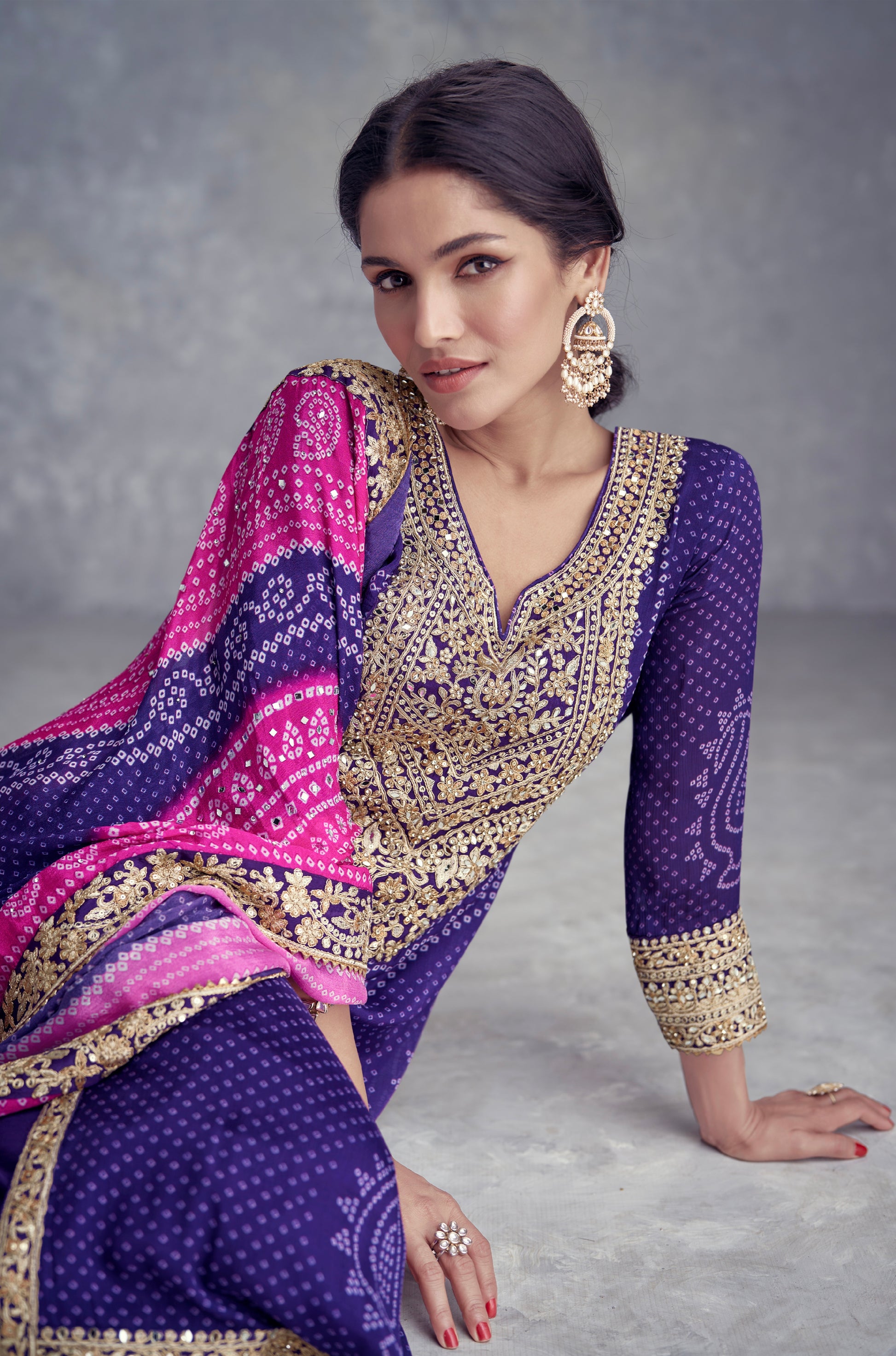 Purple Chinon Palazzo Suit with Embroidery and Mirror Work