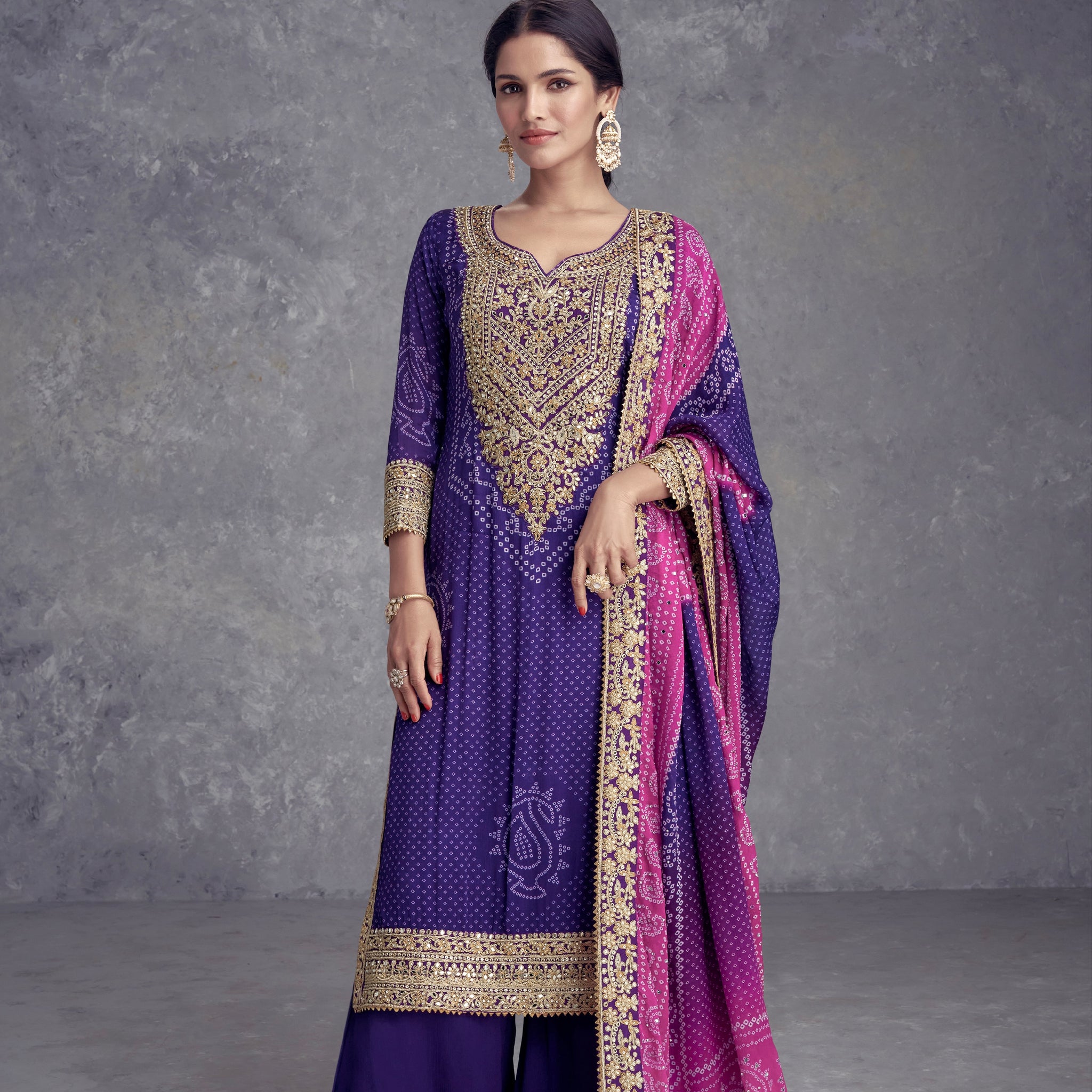 Purple Chinon Palazzo Suit with Embroidery and Mirror Work