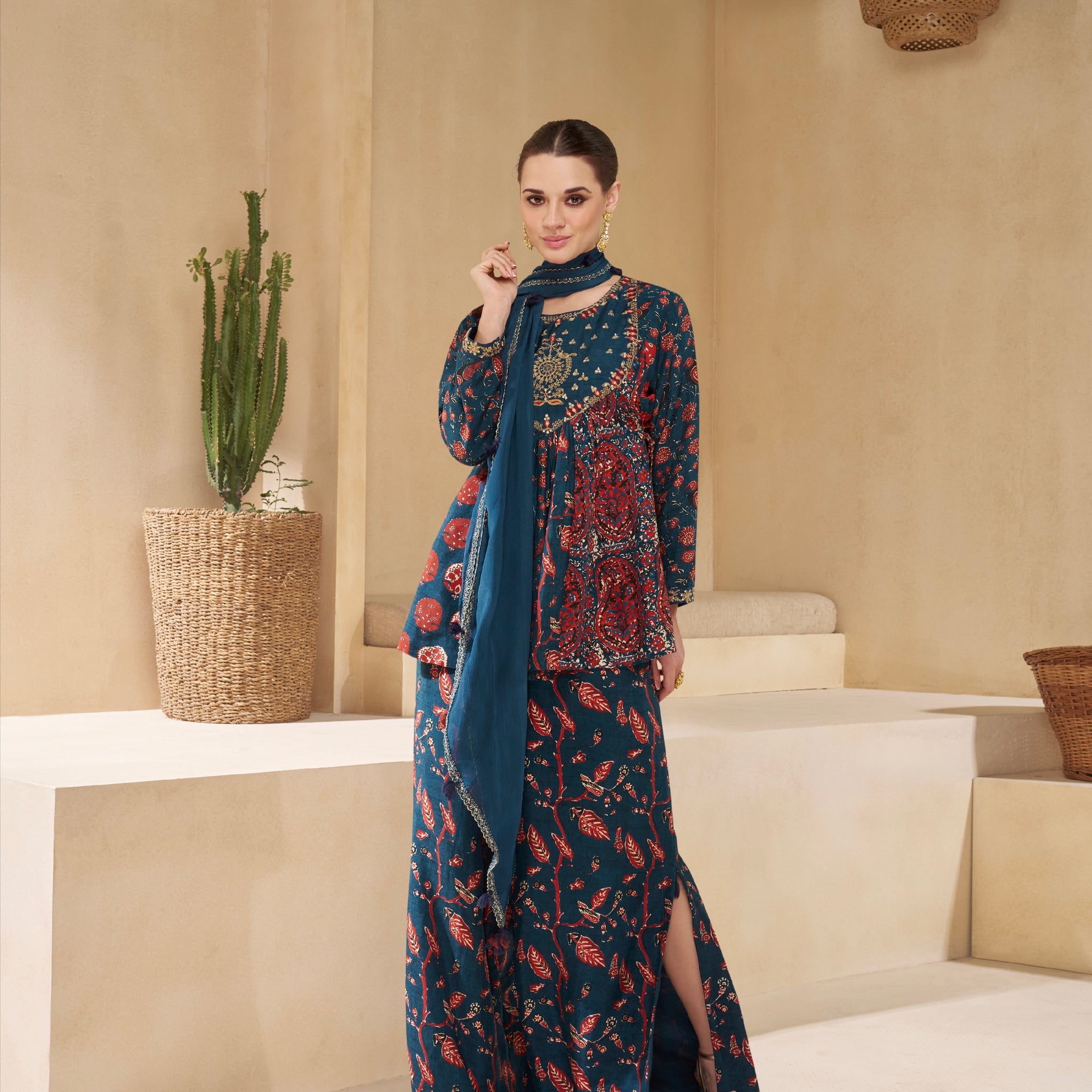 Navy Blue Floral Print Sharara Suit in Pure Muslin with Embroidered Sleeves