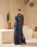 Navy Blue Floral Print Sharara Suit in Pure Muslin with Embroidered Sleeves