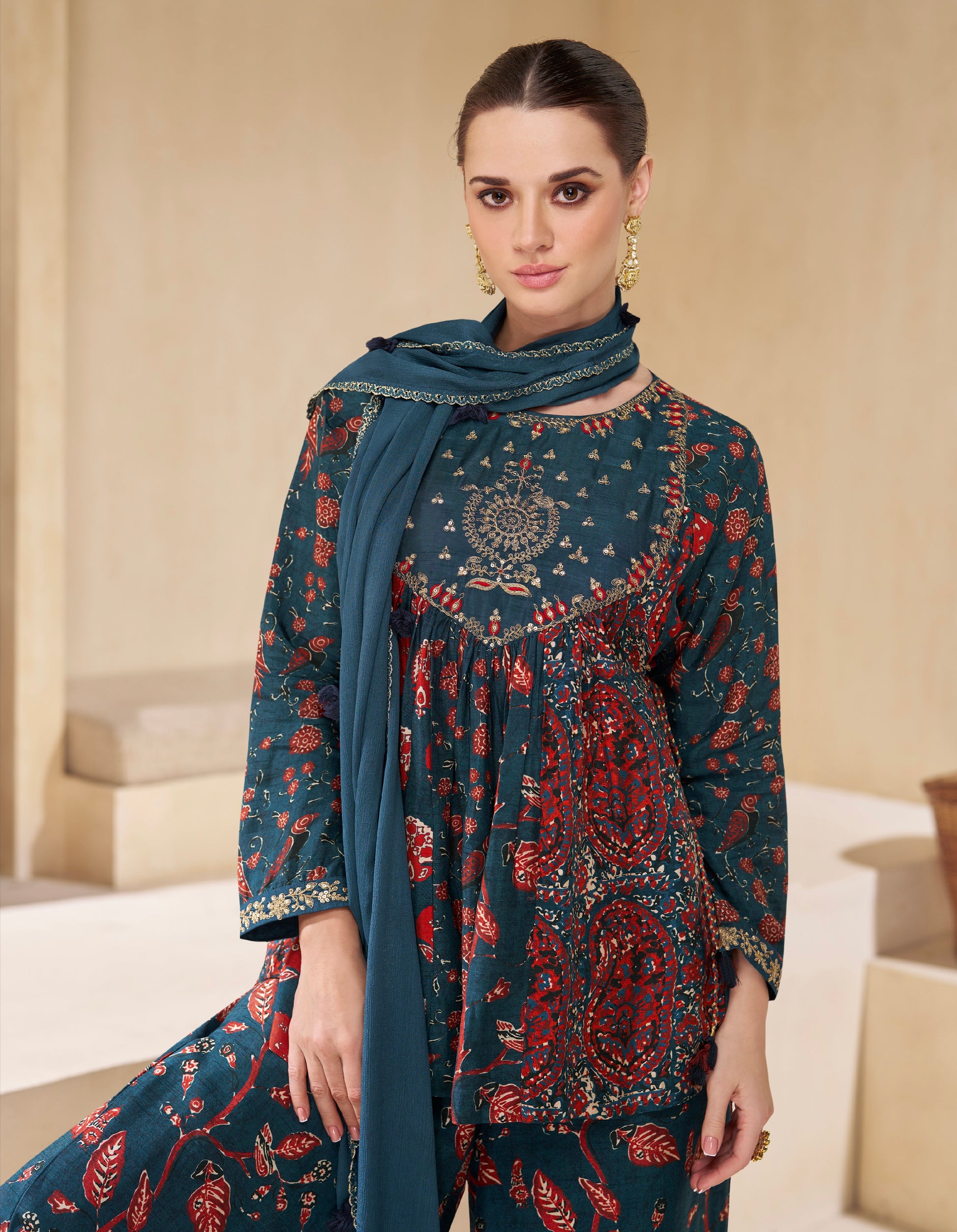 Navy Blue Floral Print Sharara Suit in Pure Muslin with Embroidered Sleeves