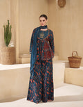 Navy Blue Floral Print Sharara Suit in Pure Muslin with Embroidered Sleeves