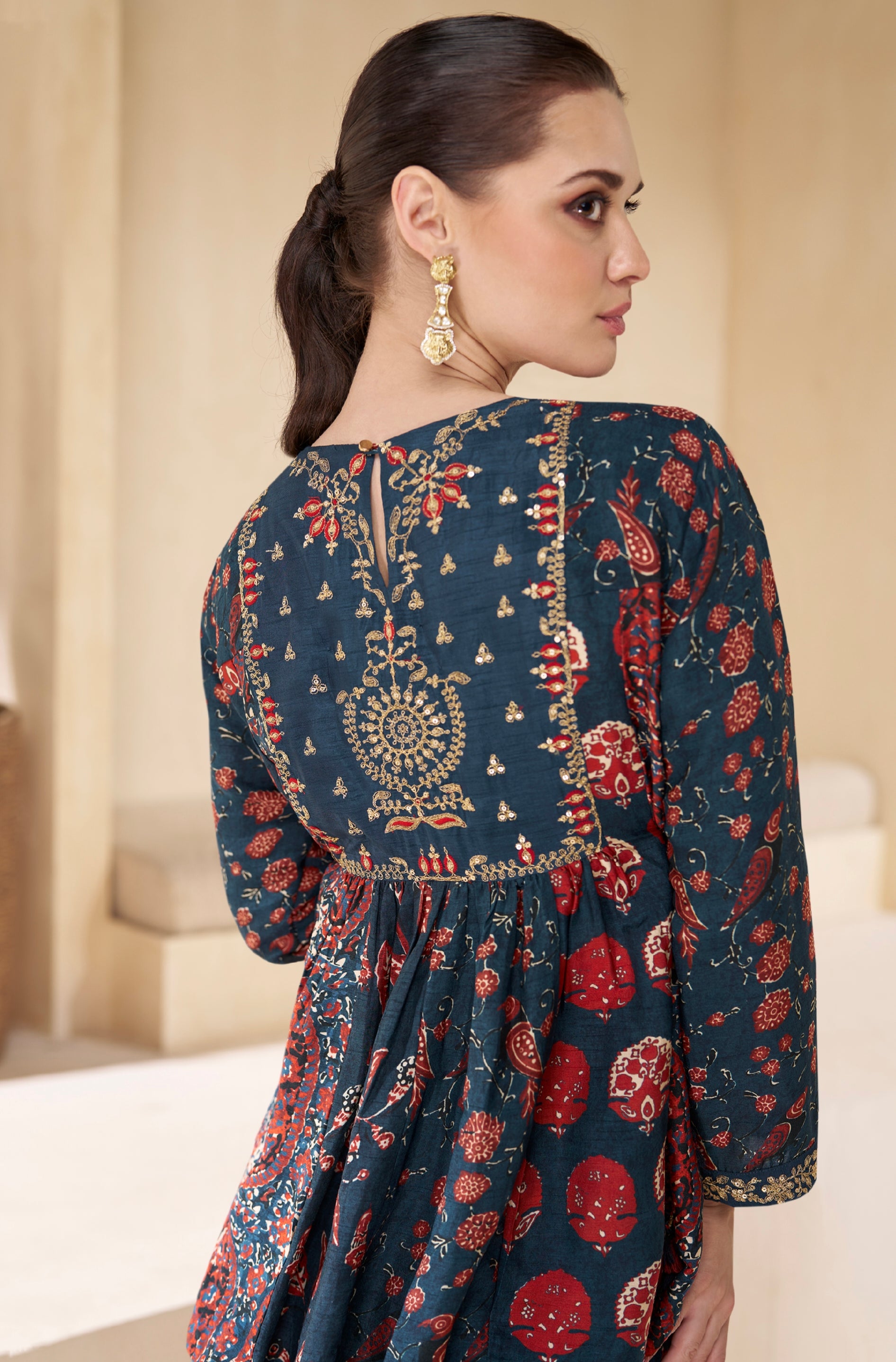 Navy Blue Floral Print Sharara Suit in Pure Muslin with Embroidered Sleeves