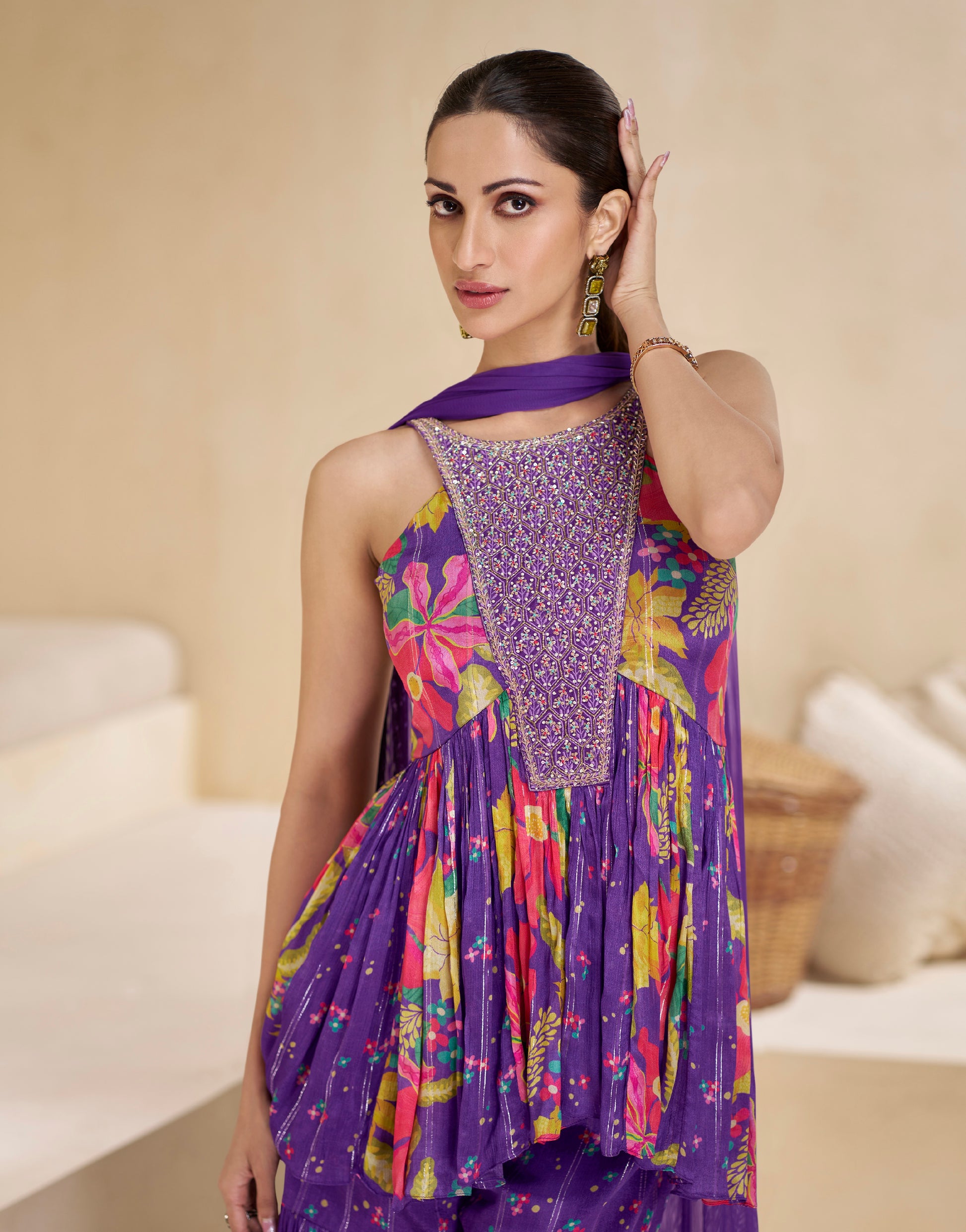 Purple Floral Print Sharara Suit in Pure Muslin with Embroidered Sleeves