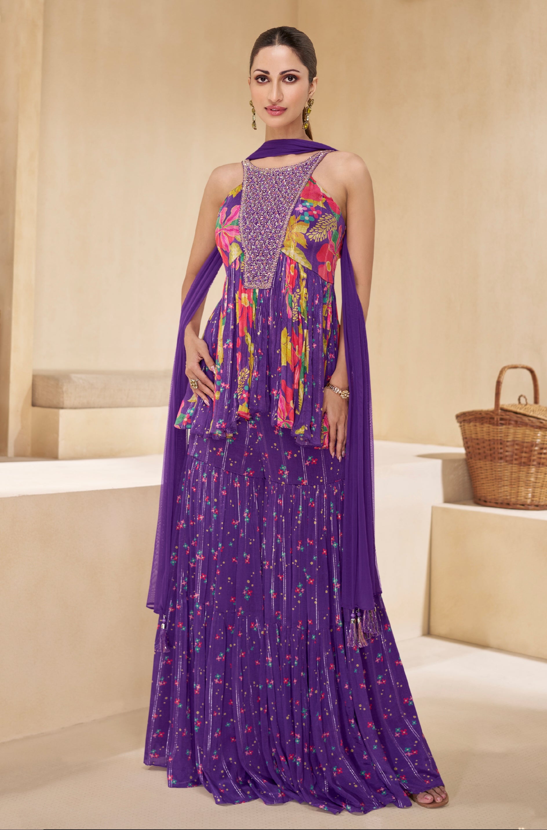 Purple Floral Print Sharara Suit in Pure Muslin with Embroidered Sleeves