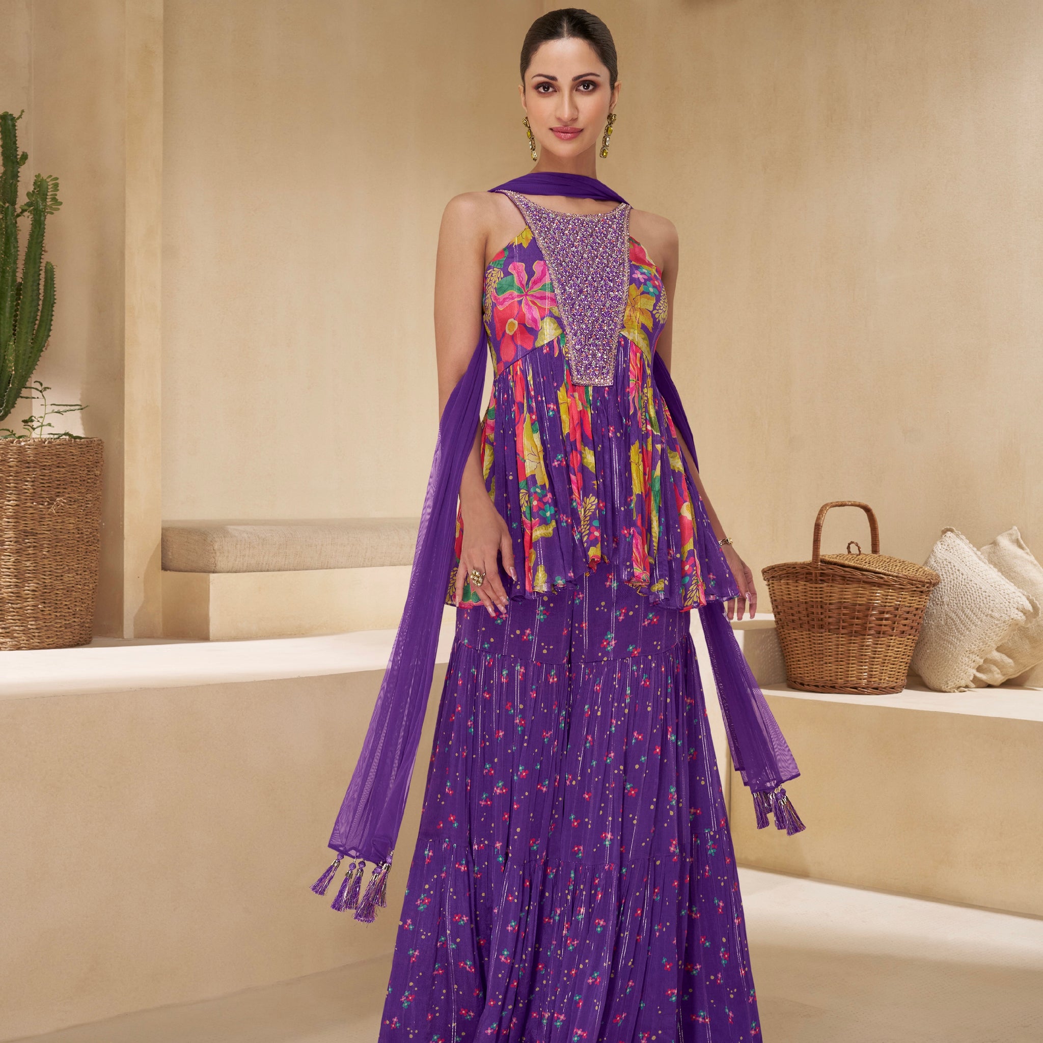 Purple Floral Print Sharara Suit in Pure Muslin with Embroidered Sleeves