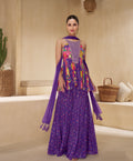 Purple Floral Print Sharara Suit in Pure Muslin with Embroidered Sleeves