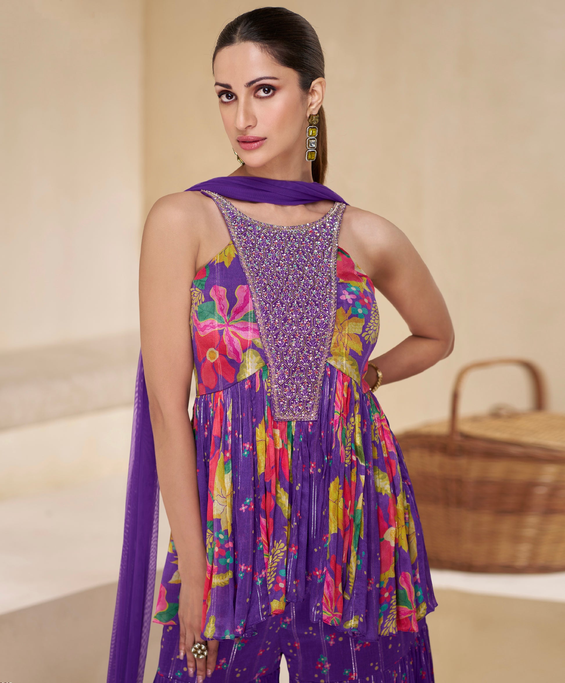 Purple Floral Print Sharara Suit in Pure Muslin with Embroidered Sleeves