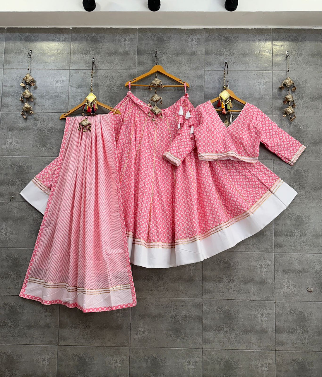 Pink Pure Camric Cotton Chaniya Choli with Fancy Gamthi Mirror Lace