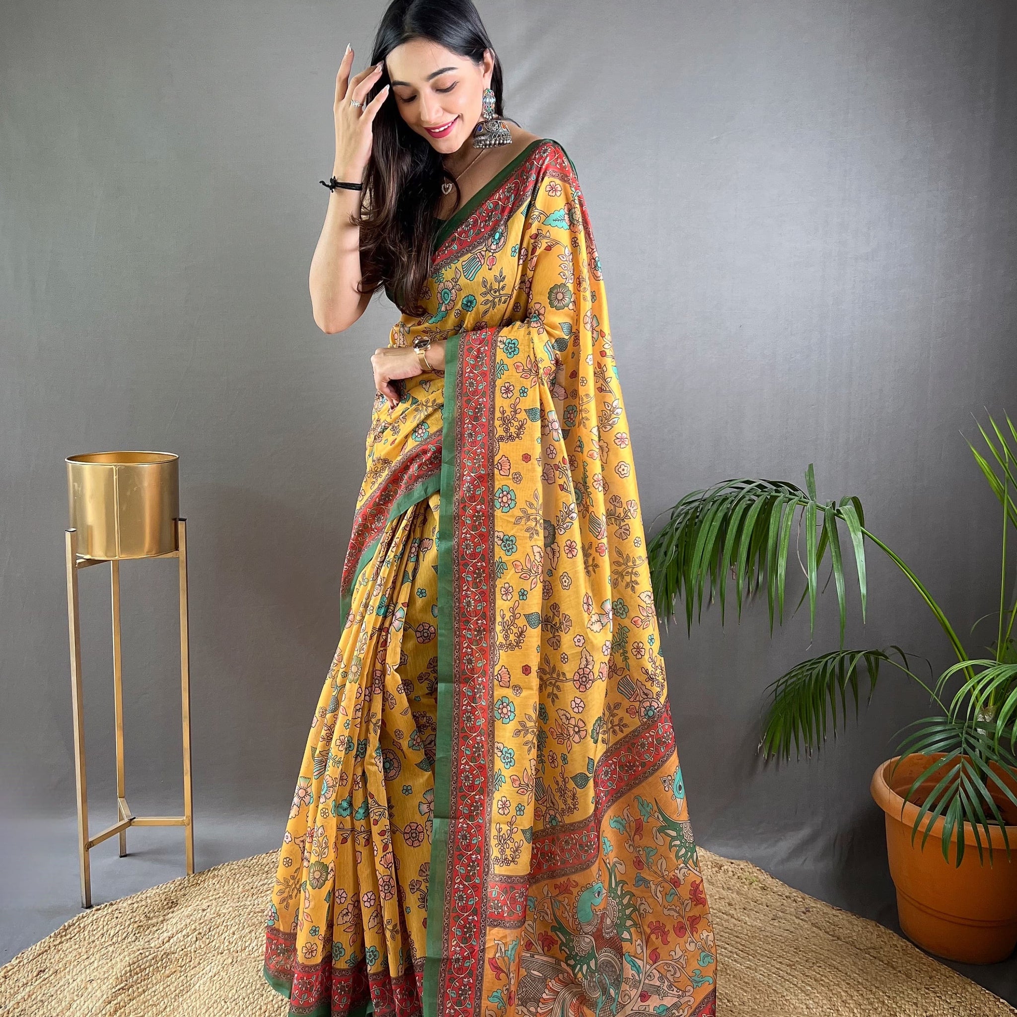 Women's Designer Pure Malai Cotton Kalamkari Print Saree