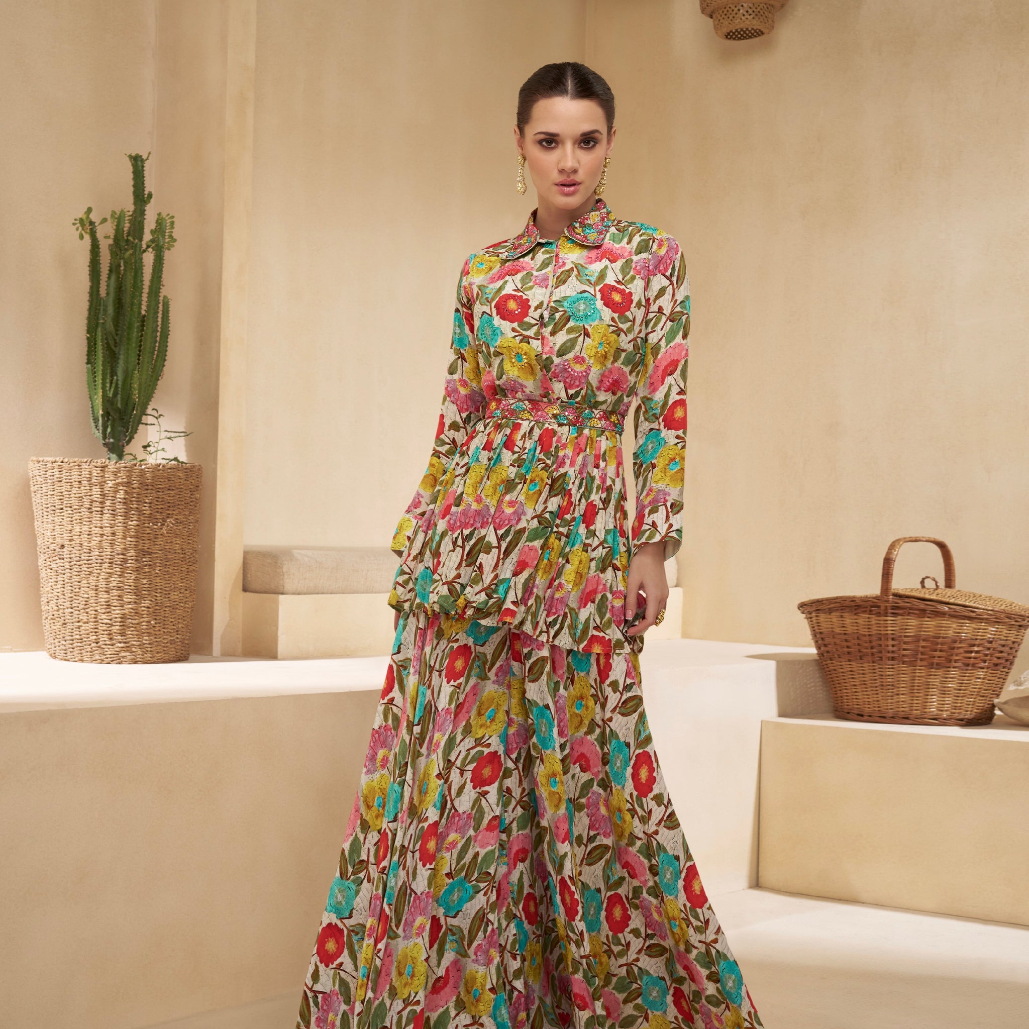 Multicolor Floral Muslin Sharara Suit with Embroidered Collar