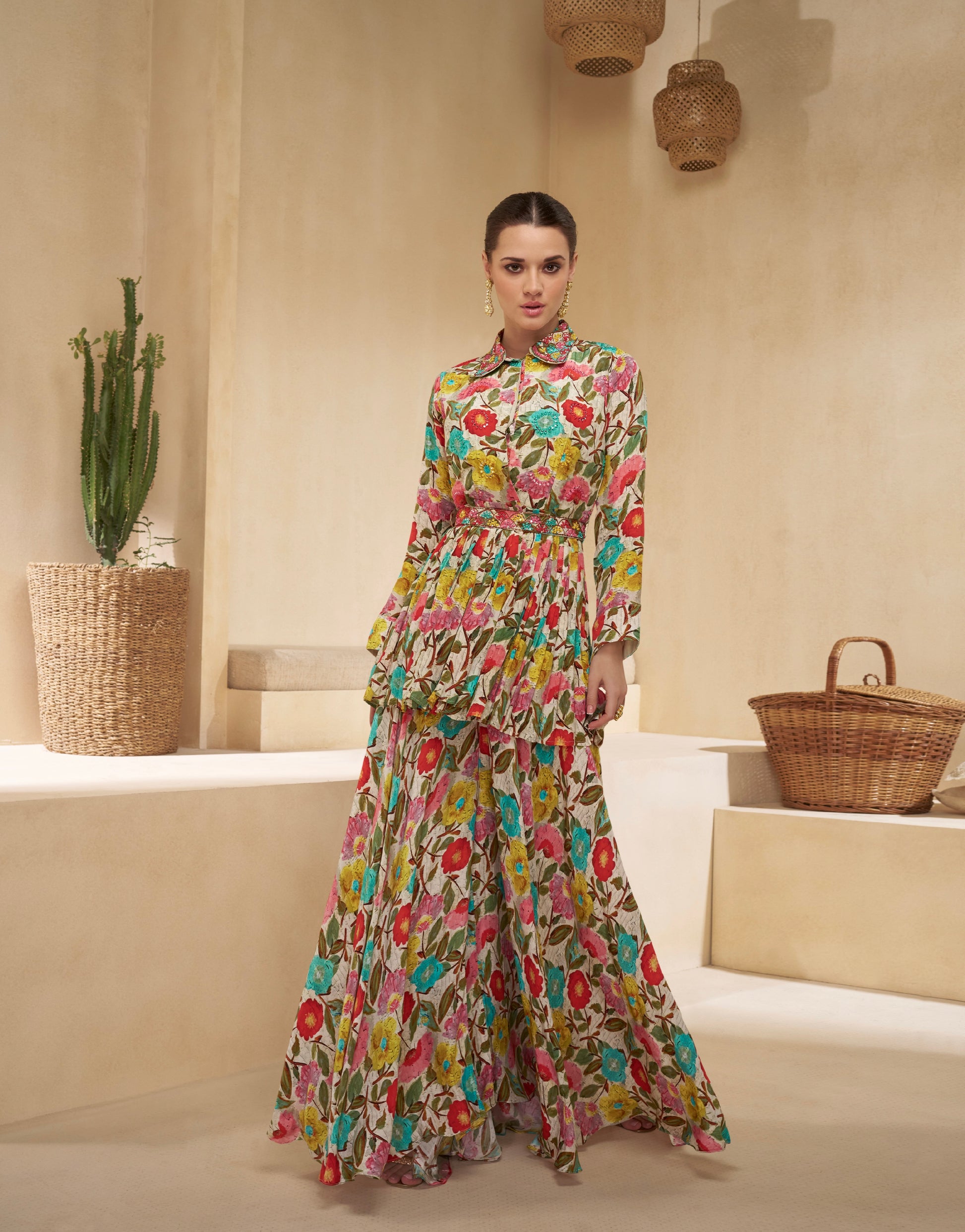 Multicolor Floral Muslin Sharara Suit with Embroidered Collar